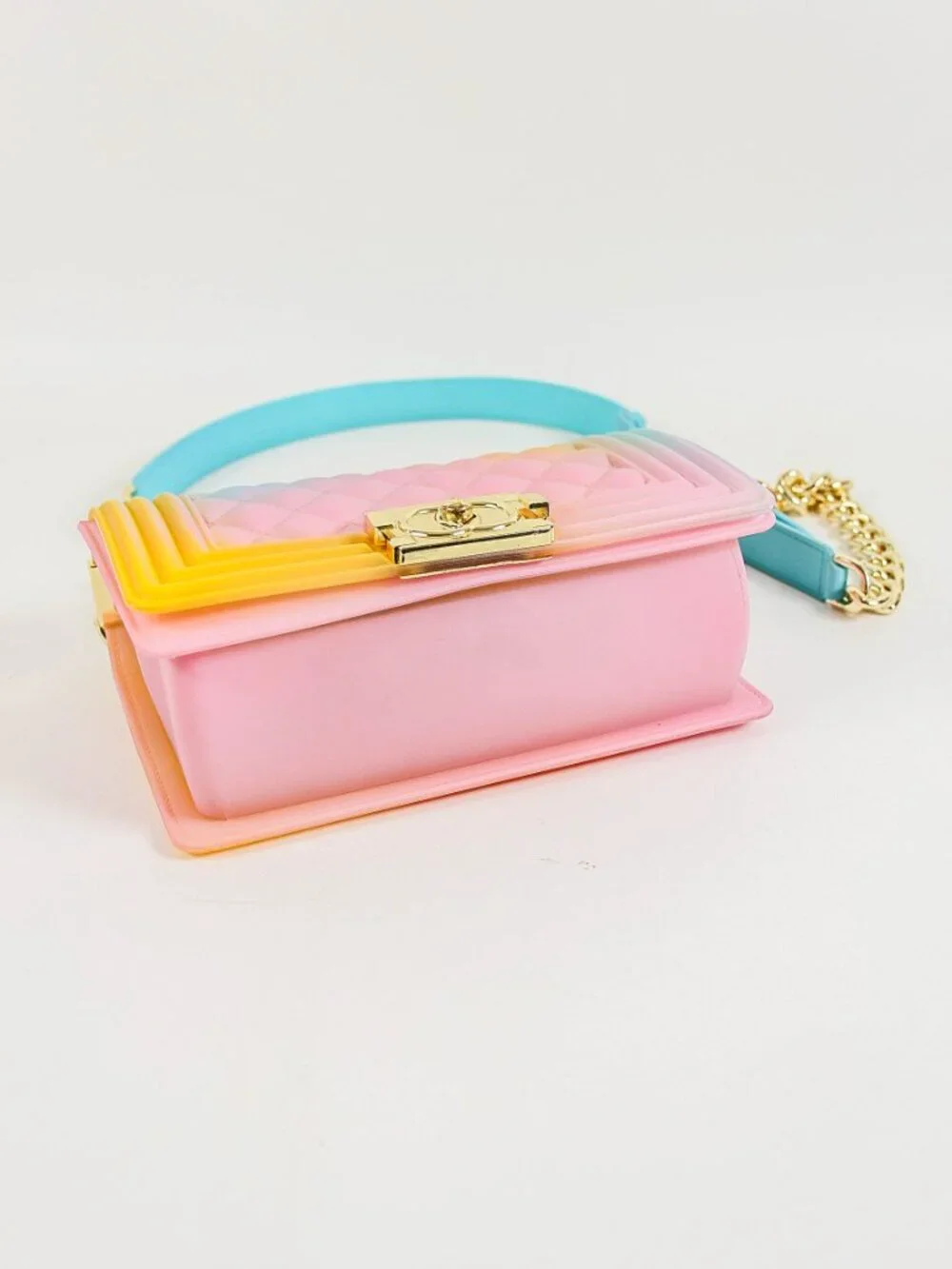 Pastel Rainbow Jelly Crossbody Bag Gold Chain Strap Quilted Candy Color Purse